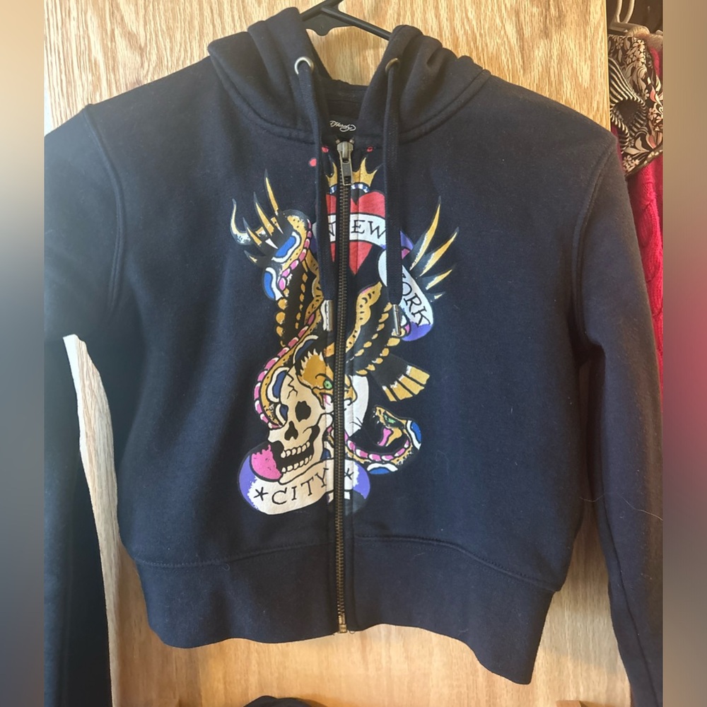 ed hardy black zip up hoodie size small cropped